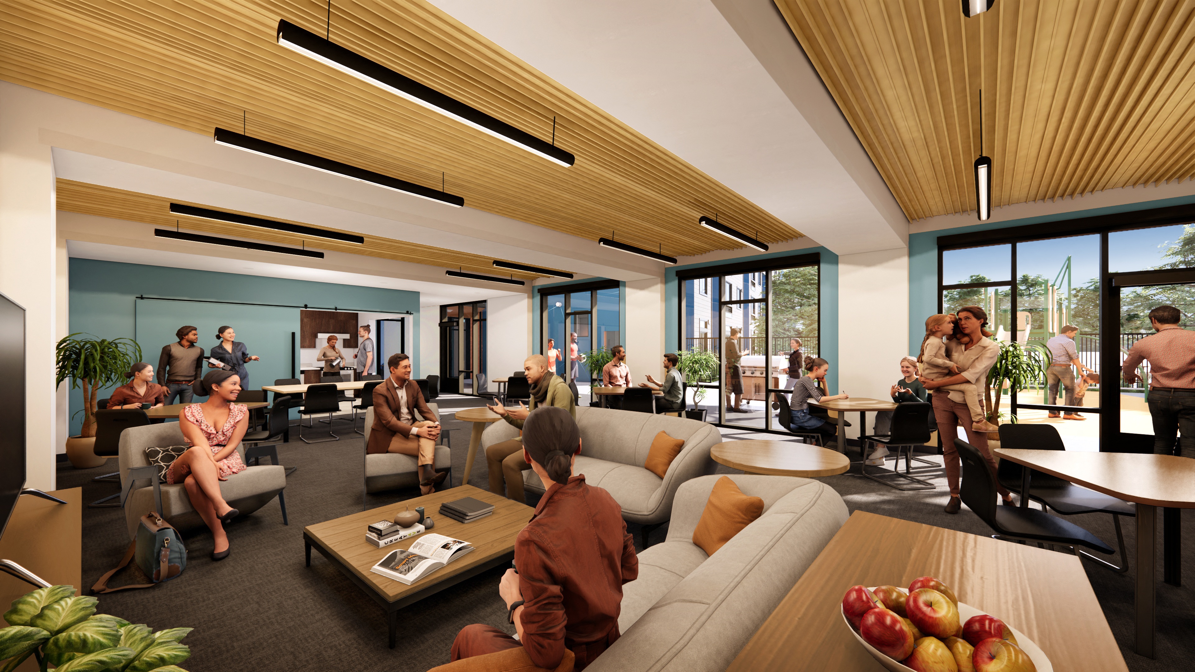 a rendering of people in a lobby with couches and tables